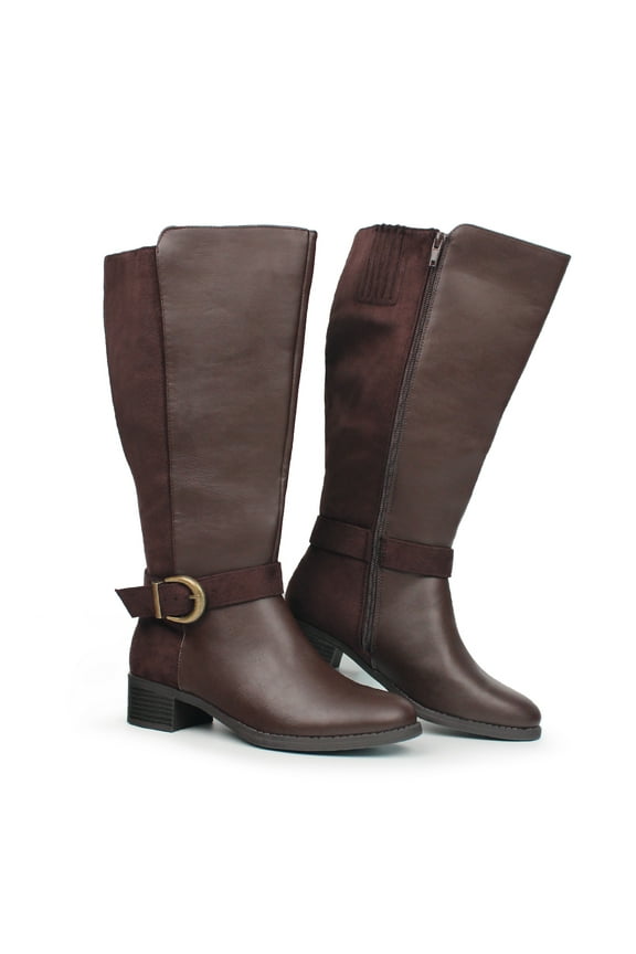 Women's Extra Wide Calf Pull On Side Zipper Knee High Boots,US 6.5,Brown