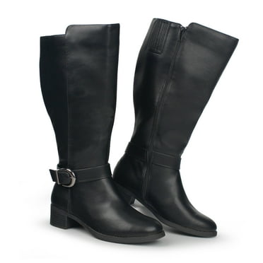 Hawkwell Women's Extra Wide Calf Pull On Side Zipper Knee High Boots,US 7,Black
