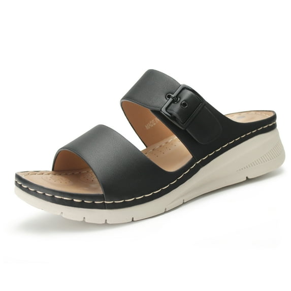 Hawkwell Women's Open Toe Walking Sandals Comfortable Adjustable Buckle Strap Dress Casual Slip On Wedge Slides Sandal,Black,US 7