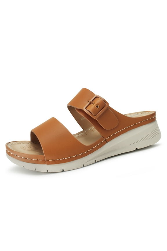 Women's Open Toe Walking Sandals Comfortable Adjustable Buckle Strap Dress Casual Slip On Wedge Slides Sandal，Brown,US 7