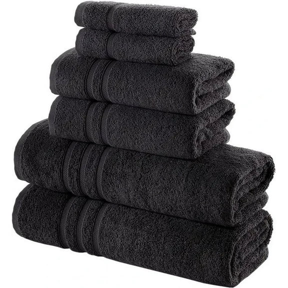 Hawmam Linen Bathroom Accessories Set - 6 Piece Black Bathroom Set: 2 Bath Towels, 2 Hand Towels, 2 Washcloths, 100% Turkish Cotton, Quickdry, High Absorbent, Dorm Room Essentials, Spa Quality 600 GSM