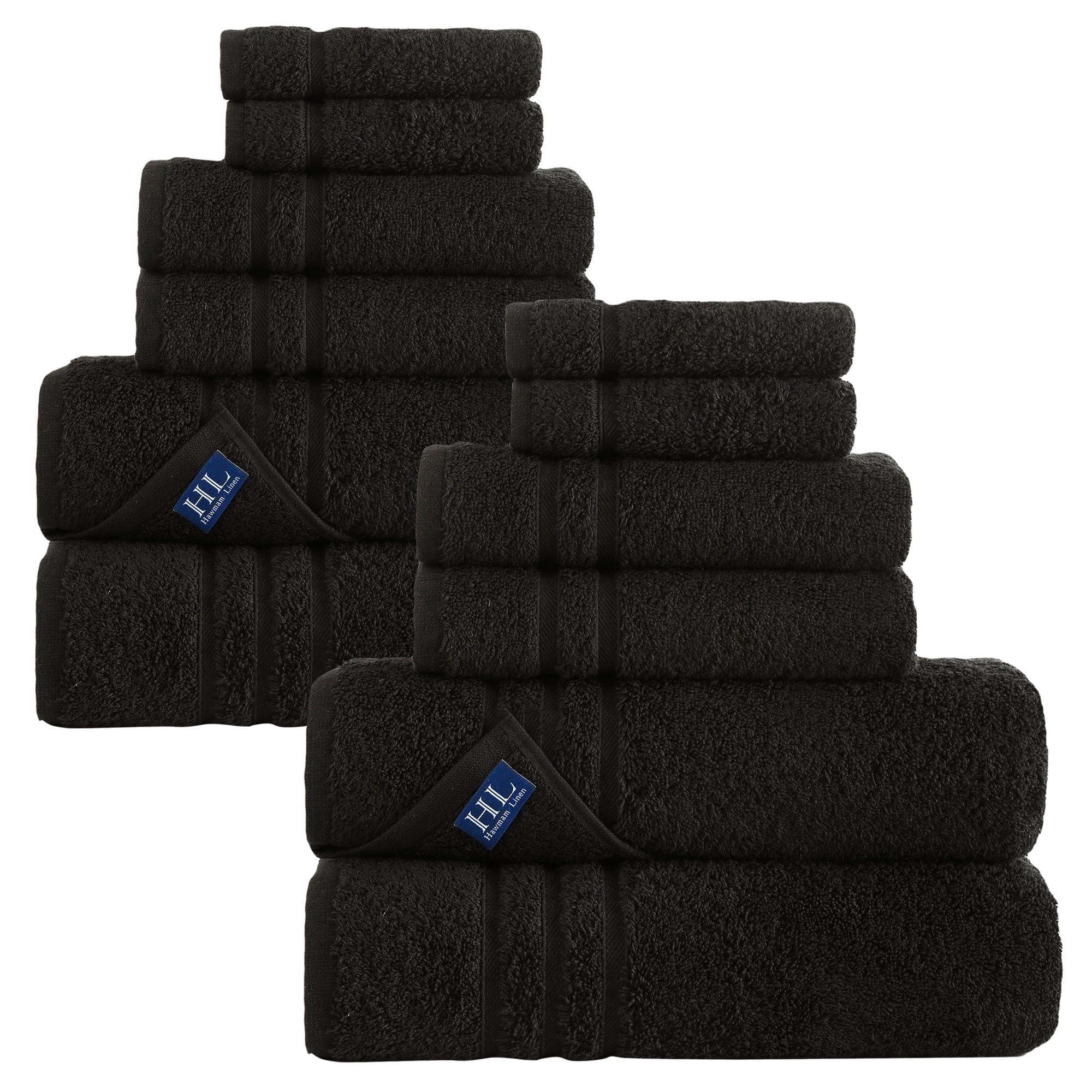 Hawmam Linen Black Bathroom Accessories Set - 12 Piece Bathroom Set: 4 Bath Towels, 4 Hand Towels, 4 Washcloths, 100% Turkish Cotton, Quickdry, High Absorbent, Dorm Room Essentials Spa 600 GSM