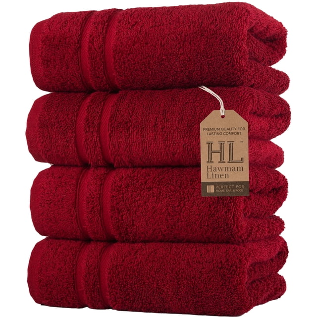 Hawmam Linen Burgundy Red Hand Towel Set - Quick Dry Bathroom Towels - 4-Pack, 16' x 29', Soft Luxury 100% Turkish Cotton, Hotel Quality, Highly Absorbent, Eco Friendly, Low Lint, 600 GSM