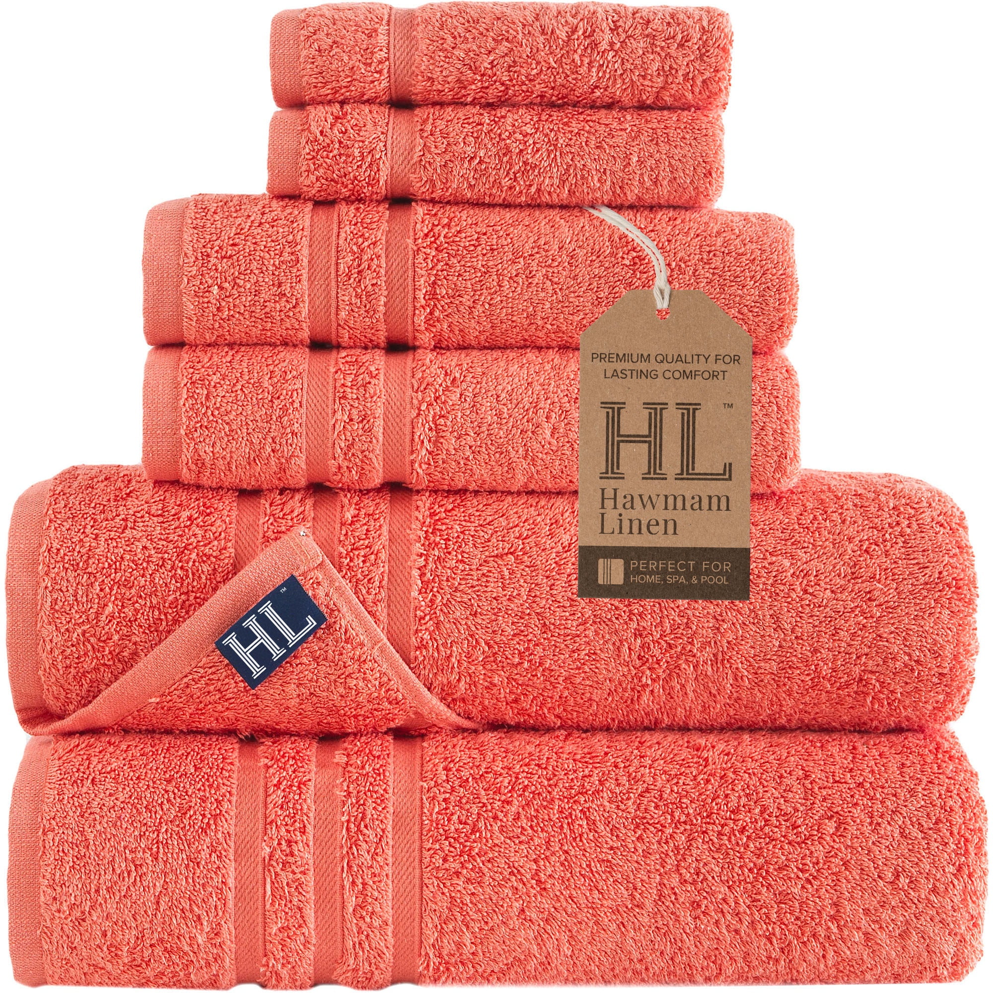 Coral Orange 6-Piece Turkish Cotton Bath Towel Set