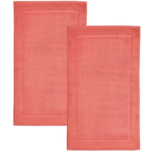 Hawmam Linen Coral Orange Bath Mats, 21 x 34 inches, Pack of 2 - 100% Ring Spun Cotton, Banded Design, Highly Absorbent, Machine Washable for Bathroom Floor