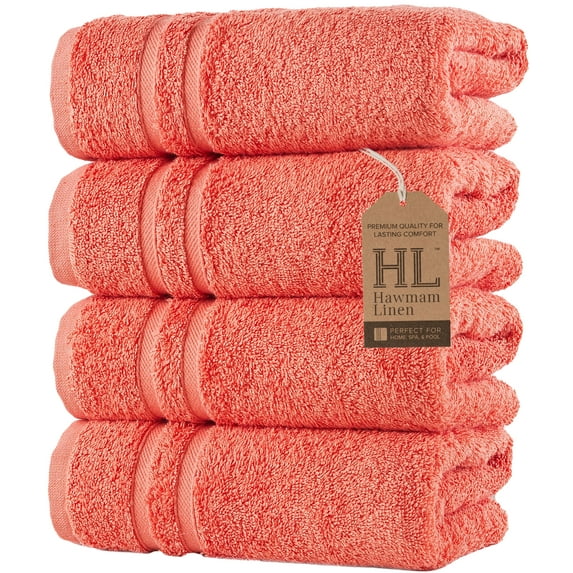 Hawmam Linen Coral Orange Hand Towels 4-Pack - Luxury 100% Turkish Cotton, Super Absorbent, Quickdry, Low Lint, Plush, Soft & Fluffy - Premium Bathroom Towel Set, Turkish Towel for Spa, Airbnb, Hotel