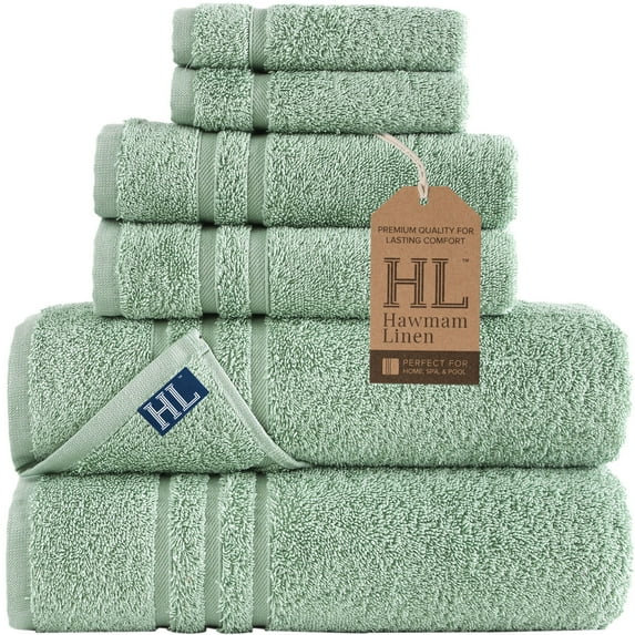 Hawmam Linen Light Green Bathroom Set - 6-Piece Towels - Includes 2 Bath Towels, 2 Hand Towels, 2 Washcloths - Soft, Fluffy, Quickdry, Luxury 100% Turkish Cotton, 600 GSM, Eco-Friendly, Hotel Quality
