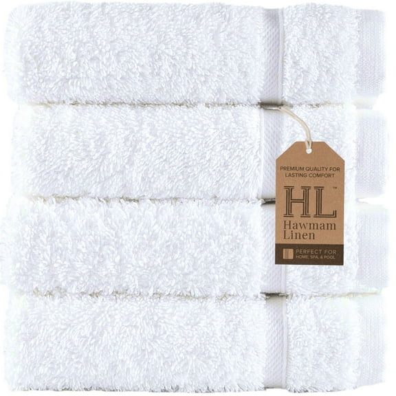 Hawmam Linen Luxury White Wash Cloths - Set of 4 Thick 13' x 13' Hotel Quality, Turkish Cotton, Plush and Absorbent Wash Towels Quick-Dry, Low Lint Ideal for Bathroom, Kitchen, Airbnb, College Dorm
