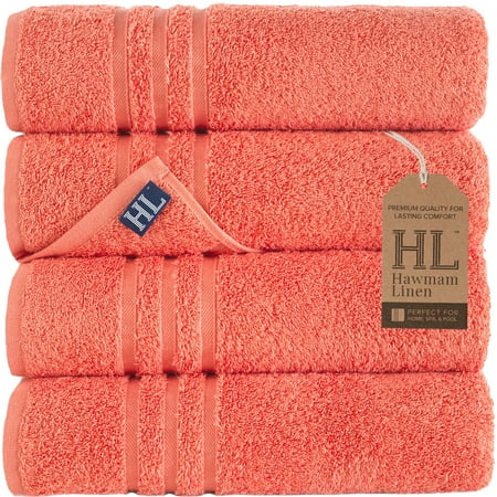 Hawmam Linen Orange Bath Towels 4-Pack, Set Of 4 Soft Plush Fluffy Quickdry Super Absorbent Thick 100% Turkish Cotton 27' x 54' Large Orange Towels for Bathroom, GYM, SPA, Airbnb, Hotel Quality