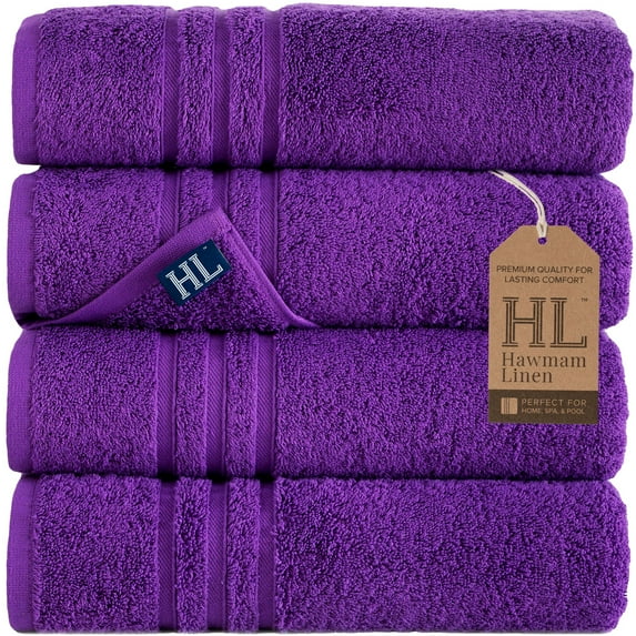Hawmam Linen Purple Towels, 4 Piece Set, Large Quickdry Purple Bath Towels, Luxury 27' x 54' Super Absorbent, Soft 100% Turkish Cotton, Thick & Fluffy, Low Lint, Eco Friendly for Bathroom, Spa, Gym