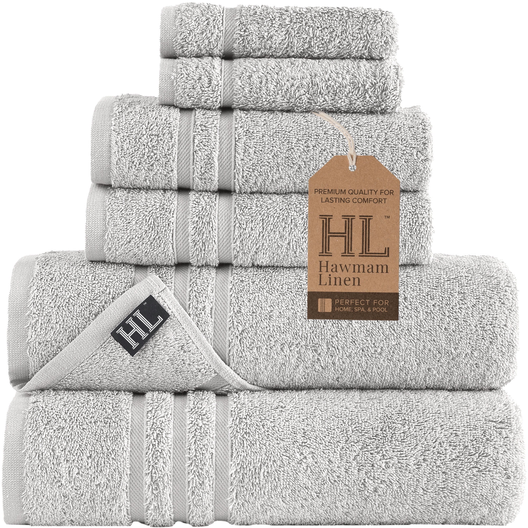 Hawmam Linen Silver 6-Piece Bath Towels Set Bathroom Accessories - 2 Bath Towels, 2 Hand Towels, 2 Washcloths, Soft & Fluffy Turkish Cotton, Dorm Essentials, Quickdry, High Absorbent, Hotel Quality - Walmart.com