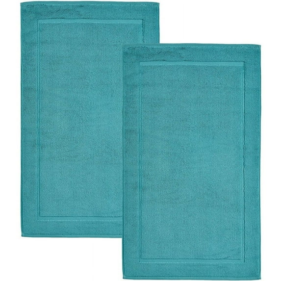 Hawmam Linen Teal Turquoise Bath Mats, 21 x 34 inches, Pack of 2 - 100% Ring Spun Cotton, Banded Design, Highly Absorbent, Machine Washable for Bathroom Floor