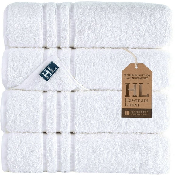 Hawmam Linen White Bath Towels Set of 4 - 100% Turkish Cotton, Lightweight, Soft, Quickdry, Super Absorbent, 600 GSM, Low Lint Luxury Bathroom Towels, Large, Fluffy, Plush, Eco-friendly Hotel Quality