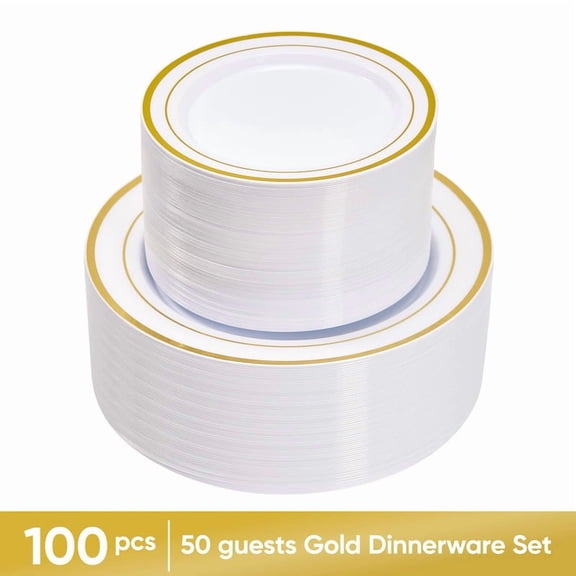 Hawsaiy 100PCS Disposable Plastic Plates Set, White Plates with Gold Rim, 7 Inch & 10 Inch Party Dinner Plates, BPA Free, Food Grade, Heavy Duty, Reusable