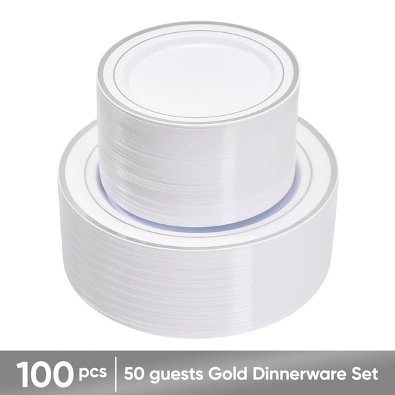 Hawsaiy 100PCS Disposable Plastic Plates Set, White Plates with Silver Rim, 7 Inch & 10 Inch Party Dinner Plates, BPA Free, Food Grade, Heavy Duty, Reusable