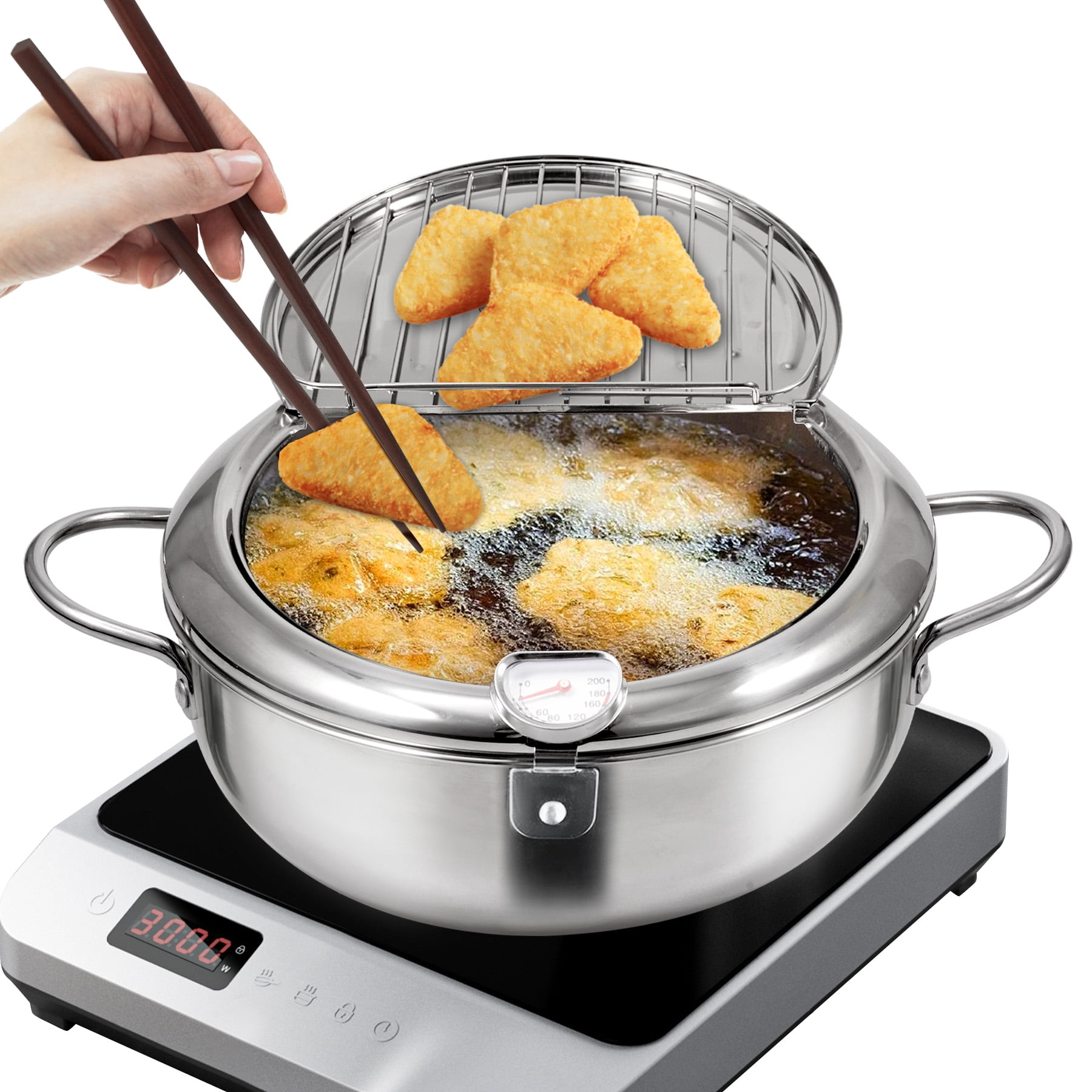 Hawsaiy 11" Deep Fryer Pot, 304 Stainless Steel Japanese Frying Pot with Oil Drain, Temperature Control and Lid, Tempura Deep Fryer Pot for Kitchen Stove/Induction Cooker French Fries Fryer Chicken