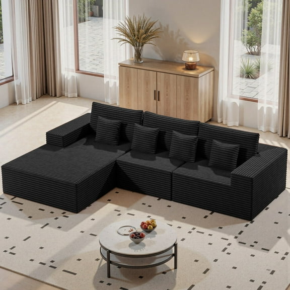 Hawsaiy 111" L-Shaped Corduroy Modular Sectional Sofa with Chaise, Deep Seat Foam Couch with Removable Pillows, No Assembly, Black