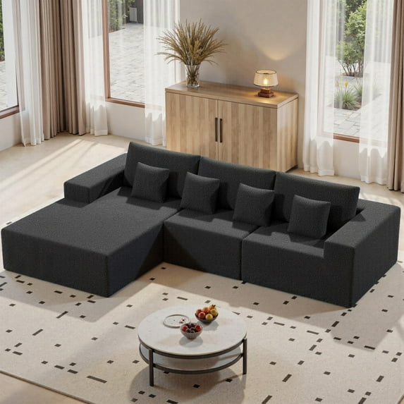 Hawsaiy 111" L-Shaped Sherpa Modular Sectional Sofa with Chaise, Deep Seat Foam Couch with Removable Pillows, No Assembly, Black