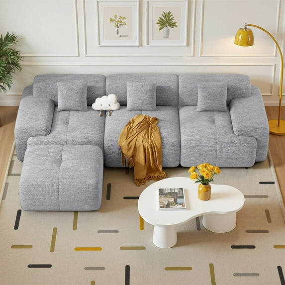 Hawsaiy 122" Modern L-Shaped Modular Sectional Sofa with Ottoman, 4-Seater Convertible Cloud Couch, Chenille Fabric, No Assembly Required, Gray