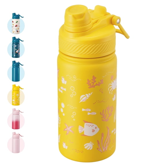Hawsaiy 12oz Insulated Kids Water Bottle with Double Drinking Lids, Stainless Steel Water Bottle for School & Outdoor, Yellow Starfish