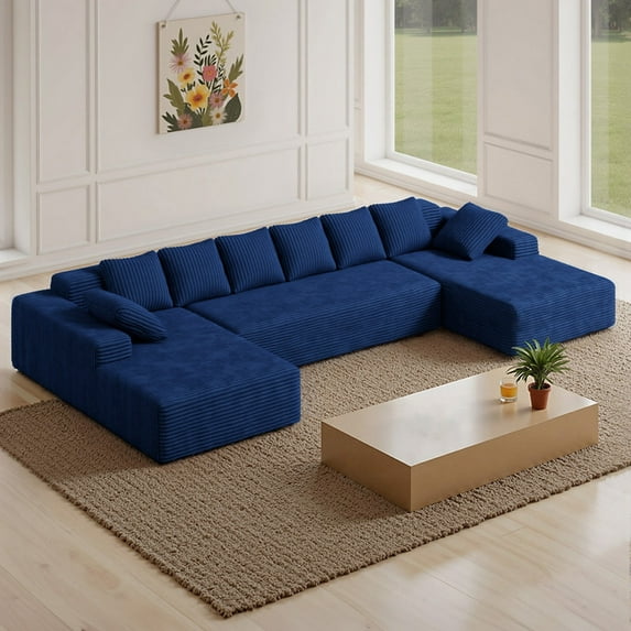 Hawsaiy 131" Oversized U-Shaped Modular Sectional Sofa with Chaise Lounge, Deep Seat Corduroy Cloud Couch for Living Room or Bedroom, No Assembly Required, Blue