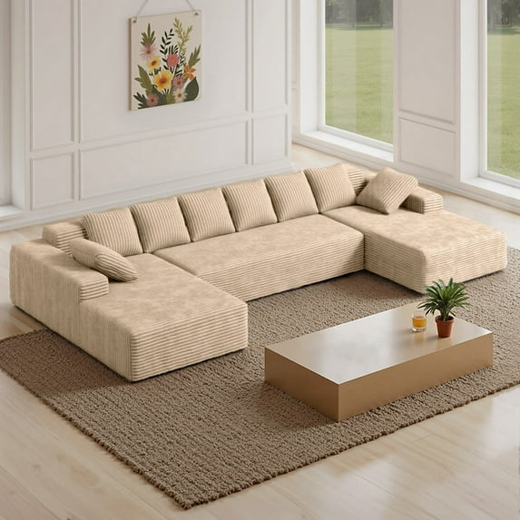 Hawsaiy 131" Oversized U-Shaped Modular Sectional Sofa with Chaise Lounge, Deep Seat Corduroy Cloud Couch for Living Room or Bedroom, No Assembly Required, Khaki