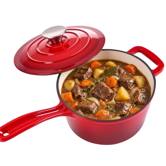 Hawsaiy 2 QT Cast Iron Sauce Pan with Lid, Enameled Cast Iron Saucepan with Solid Stainless Steel Knob, Even Heating & Self-Basting, Oven Safe up to 500℉, Compatible with All Stovetops, Red