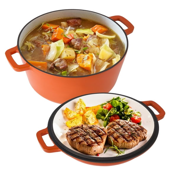 Hawsaiy 2-in-1 Cast Iron Dutch Oven Pot, Enameled Pots with Lid for Bread Baking, Cooking, Stewing, Heavy-Duty & Nonstick, Oven Safe up to 500°F, Dual Handles, Works on All Stovetops,Orange