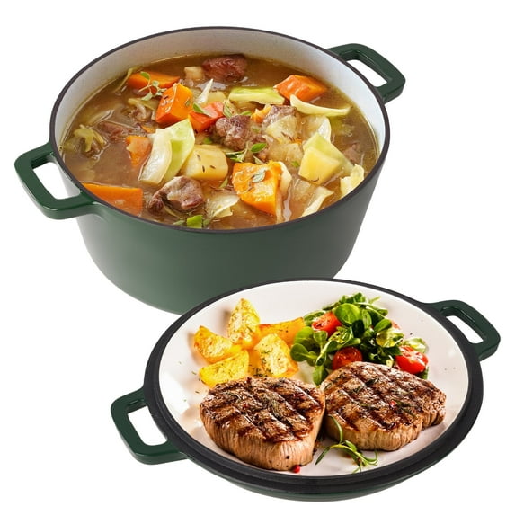 Hawsaiy 2-in-1 Cast Iron Dutch Oven Pot, Enameled Pots with Lid for Bread Baking, Cooking, Stewing, Heavy-Duty & Nonstick, Oven Safe up to 500°F, Dual Handles, Works on All Stovetops,Green