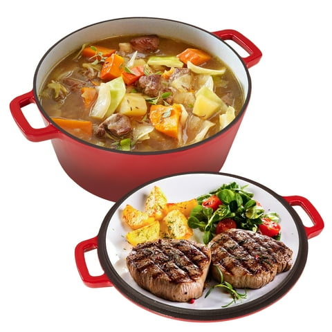 Hawsaiy 2-in-1 Cast Iron Dutch Oven Pot, Enameled Pots with Lid for Bread Baking, Cooking, Stewing, Heavy-Duty & Nonstick, Oven Safe up to 500°F, Dual Handles, Works on All Stovetops,Red