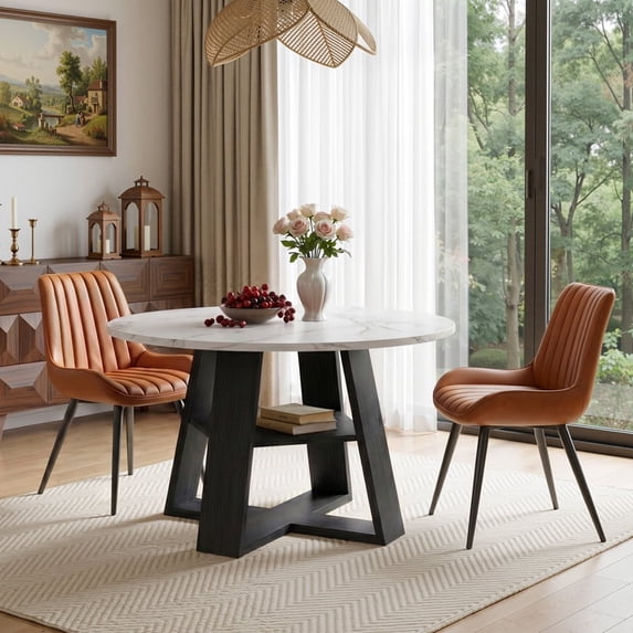 Hawsaiy 3 Piece 43.3" Round Dining Table Set for 2,Kitchen Table with Storage Shelf & 2 Upholstered Dining Chairs, Modern Wood Dining Room Furniture Set for Apartment