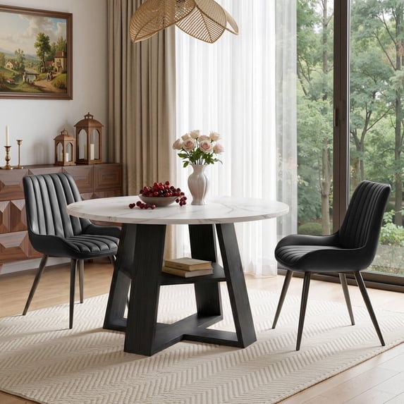 Hawsaiy 3 Piece 43.3" Round Dining Table Set for 2,Kitchen Table with Storage Shelf & 2 Upholstered Dining Chairs, Modern Wood Dining Room Furniture Set for Apartment