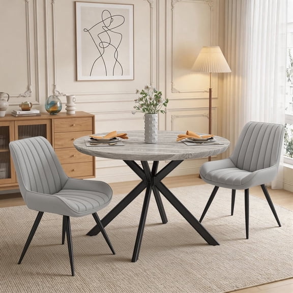 Hawsaiy 3-Piece 47.2" Round Dining Table Set for 2, Modern Wood Kitchen Table with 2 Dining Chairs, Space-Saving Dining Set with Metal Base for Apartment, Small Space (Gray + Gray)