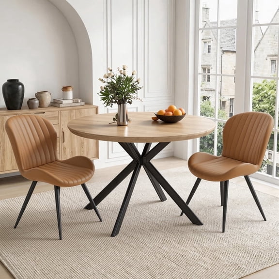 Hawsaiy 3-Piece 47.2" Round Dining Table Set for 2, Modern Wood Kitchen Table with 2 Dining Chairs, Space-Saving Dining Set with Metal Base for Apartment, Small Space (Natural + Brown)