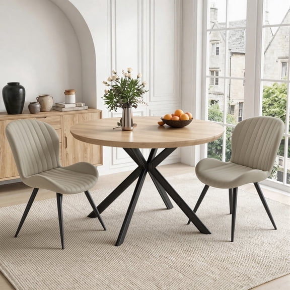 Hawsaiy 3-Piece 47.2" Round Dining Table Set for 2, Modern Wood Kitchen Table with 2 Dining Chairs, Space-Saving Dining Set with Metal Base for Apartment, Small Space (Natural + Beige)