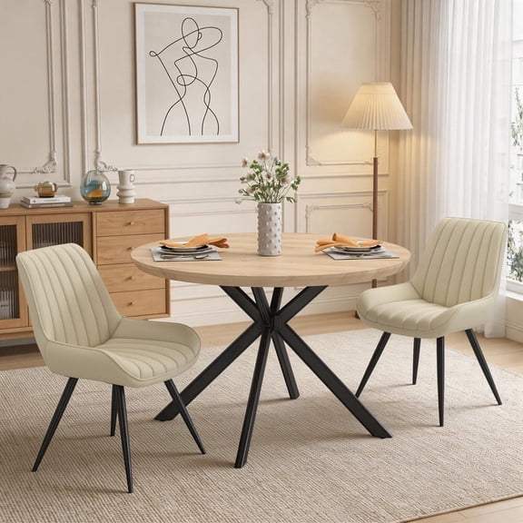 Hawsaiy 3-Piece 47.2" Round Dining Table Set for 2, Modern Wood Kitchen Table with 2 Dining Chairs, Space-Saving Dining Set with Metal Base for Apartment, Small Space (Natural + Beige)