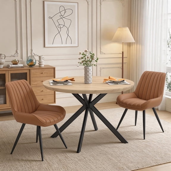 Hawsaiy 3-Piece 47.2" Round Dining Table Set for 2, Modern Wood Kitchen Table with 2 Dining Chairs, Space-Saving Dining Set with Metal Base for Apartment, Small Space (Natural + Brown)
