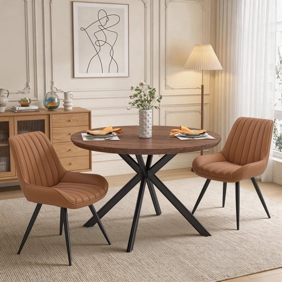 Hawsaiy 3-Piece 47.2" Round Dining Table Set for 2, Modern Wood Kitchen Table with 2 Dining Chairs, Space-Saving Dining Set with Metal Base for Apartment, Small Space (Walnut + Brown)