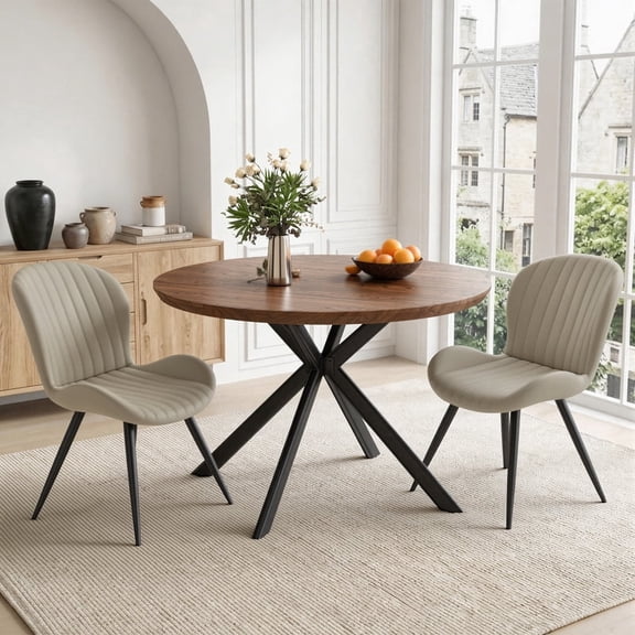 Hawsaiy 3-Piece 47.2" Round Dining Table Set for 2, Modern Wood Kitchen Table with 2 Dining Chairs, Space-Saving Dining Set with Metal Base for Apartment, Small Space (Walnut + Beige)