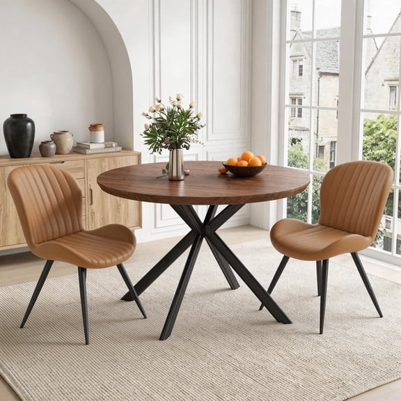 Hawsaiy 3-Piece 47.2" Round Dining Table Set for 2, Modern Wood Kitchen Table with 2 Dining Chairs, Space-Saving Dining Set with Metal Base for Apartment, Small Space (Walnut Brown)