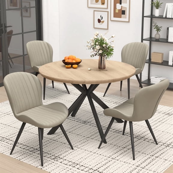 Hawsaiy 3-Piece 47.2" Round Dining Table Set for 4, Modern Wood Kitchen Table with 4 Dining Chairs, Space-Saving Dining Set with Metal Base for Apartment, Small Space, Natural Table + Beige Chairs