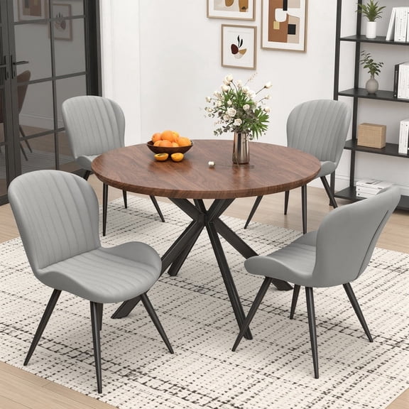 Hawsaiy 3-Piece 47.2" Round Dining Table Set for 4, Modern Wood Kitchen Table with 4 Dining Chairs, Space-Saving Dining Set with Metal Base for Apartment, Small Space, Walnut Table + Gray Chairs