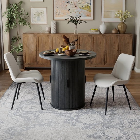 Hawsaiy 3-Piece Dining Table Set for 2, 31.5" Round Dining Table Set with 2 PU Leather Dining Chairs, Modern Farmhouse Table Set for Dining Room (Black+Beige)