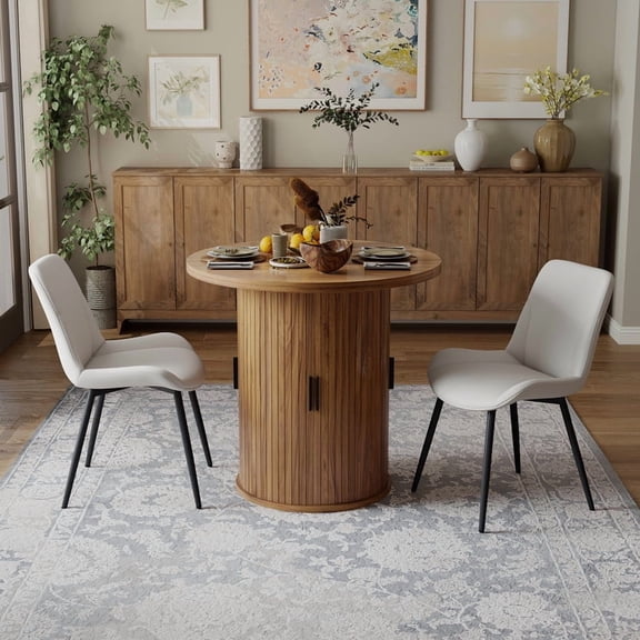 Hawsaiy 3-Piece Dining Table Set for 2, 31.5" Round Dining Table Set with 2 PU Leather Dining Chairs, Modern Farmhouse Table Set for Dining Room (Walnut+Beige)