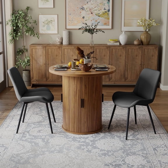 Hawsaiy 3-Piece Dining Table Set for 2, 31.5" Round Dining Table Set with 2 PU Leather Dining Chairs, Modern Farmhouse Table Set for Dining Room (Walnut+Black)
