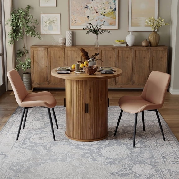Hawsaiy 3-Piece Dining Table Set for 2, 31.5" Round Dining Table Set with 2 PU Leather Dining Chairs, Modern Farmhouse Table Set for Dining Room (Walnut+Brown)