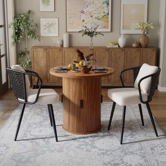 Hawsaiy 3-Piece Dining Table Set for 2, 31.5" Round Dining Table Set with 2 Rattan Dining Chairs, Modern Farmhouse Table Set for Dining Room (Walnut+Black)