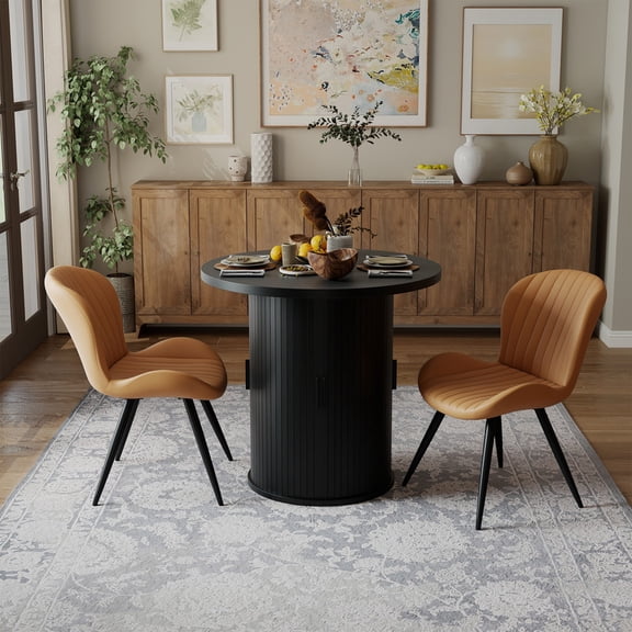 Hawsaiy 3-Piece Dining Table Set for 2, 31.5" Round Dining Table Set with 2 Upholstered Dining Chairs, Modern Farmhouse Table Set for Dining Room (Black+Brown)