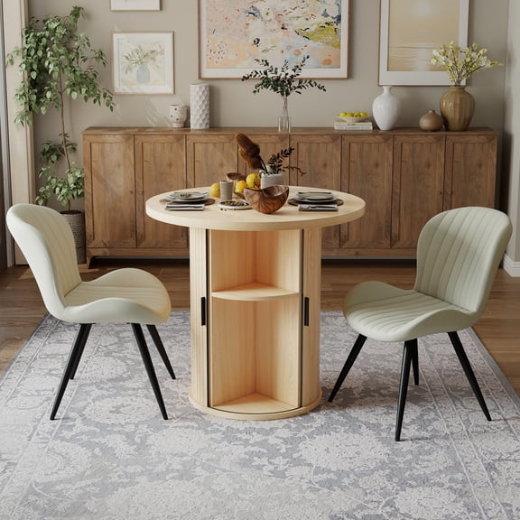 Hawsaiy 3-Piece Dining Table Set for 2, 31.5" Round Dining Table Set with 2 Upholstered Dining Chairs, Modern Farmhouse Table Set for Dining Room (Natural+Beige)
