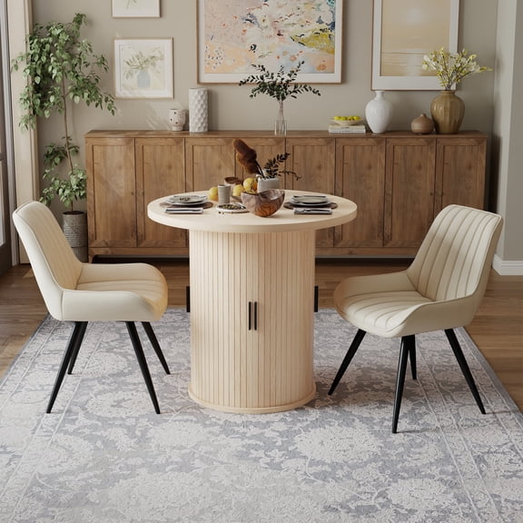 Hawsaiy 3-Piece Dining Table Set for 2, 31.5" Round Dining Table Set with 2 Upholstered Dining Chairs, Modern Farmhouse Table Set for Dining Room (Natural+Beige)